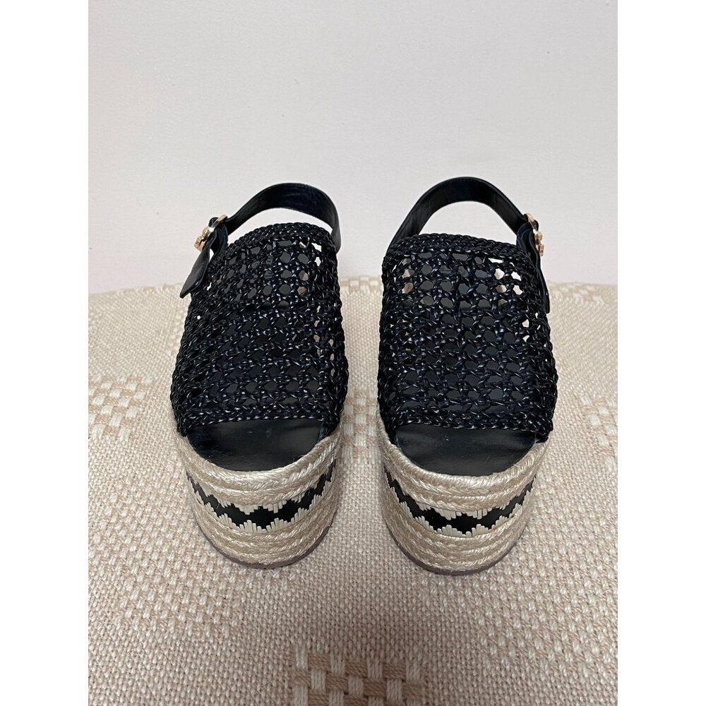 Tory Burch Platform Wedge Sandal 8 M Espadrille Woven Leather Logo Black Dandy - Picture 2 of 7